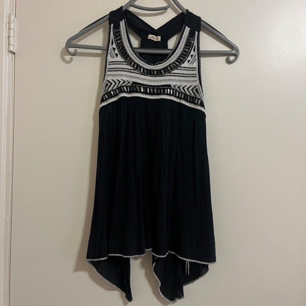Hollister Beaded Embroidered Babydoll Tank XS Handkerchief Hem Boho Y2K Festival